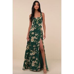Lulus Remarkable Arrival Emerald Green Floral Sleeveless Maxi Dress Formal L NWT